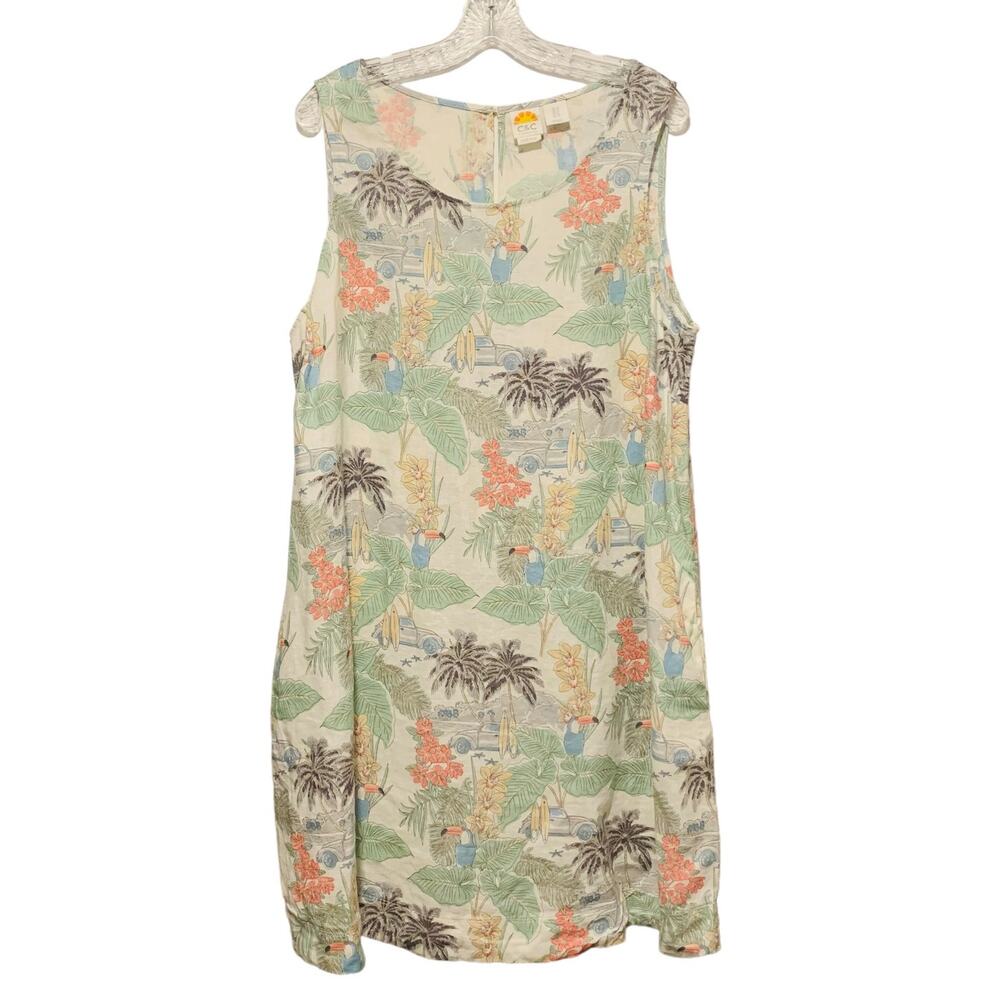 C&C CALIFORNIA 100% Linen Shift Dress 1X Tropical Surf VW Bug Print Sleeveless